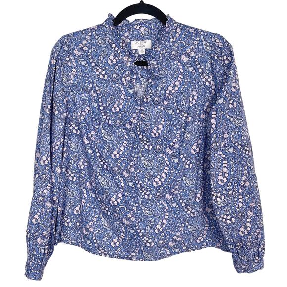 JCrew Women XS Blue Purple Button Front Ruffleneck Popover Liberty Bourton Bloom - Picture 1 of 11